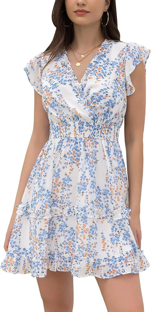EXLURA Women's Summer Flowy Mini Dress Floral V Neck Short Ruffle Sleeve Smocked Cottagecore Vaca... | Amazon (US)