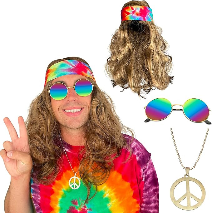 Watt's Wigs - Hippie Costume Set, Brown Wig with Tie Dye Headband, Rainbow Color Sunglasses, and ... | Amazon (US)