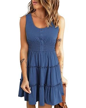 Dokotoo Womens Summer Dresses 2024 Sleeveless Button Down Smocked Elastic Waist Ruffle Tiered Cas... | Amazon (US)