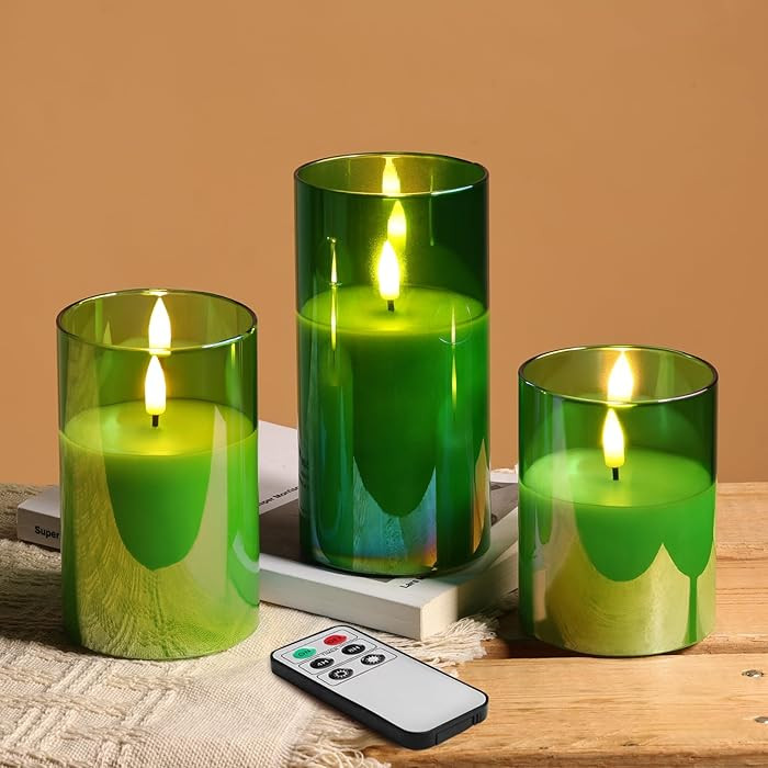 Eywamage Green Glass Flameless Pillar Candles with Remote, Flickering Christmas Battery LED Candl... | Amazon (US)