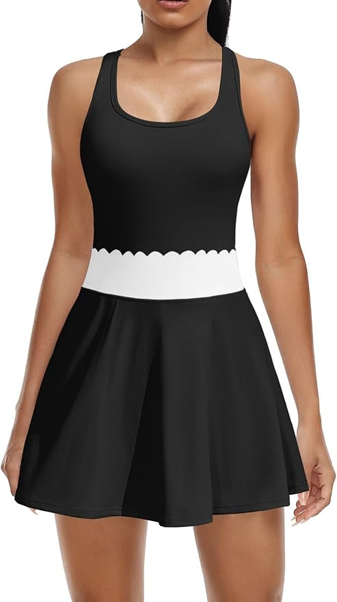 ATTRACO Women's Tennis Dress with Built-in Shorts Scalloped Golf Dress Racerback Athletic Skirts | Amazon (US)