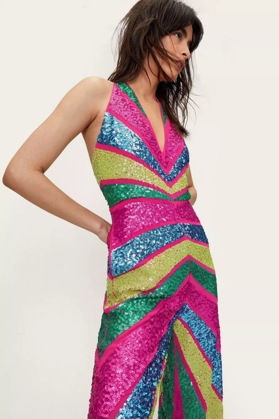 Sequin Colorblock Plunge Wide Leg Jumpsuit | Nasty Gal (US)