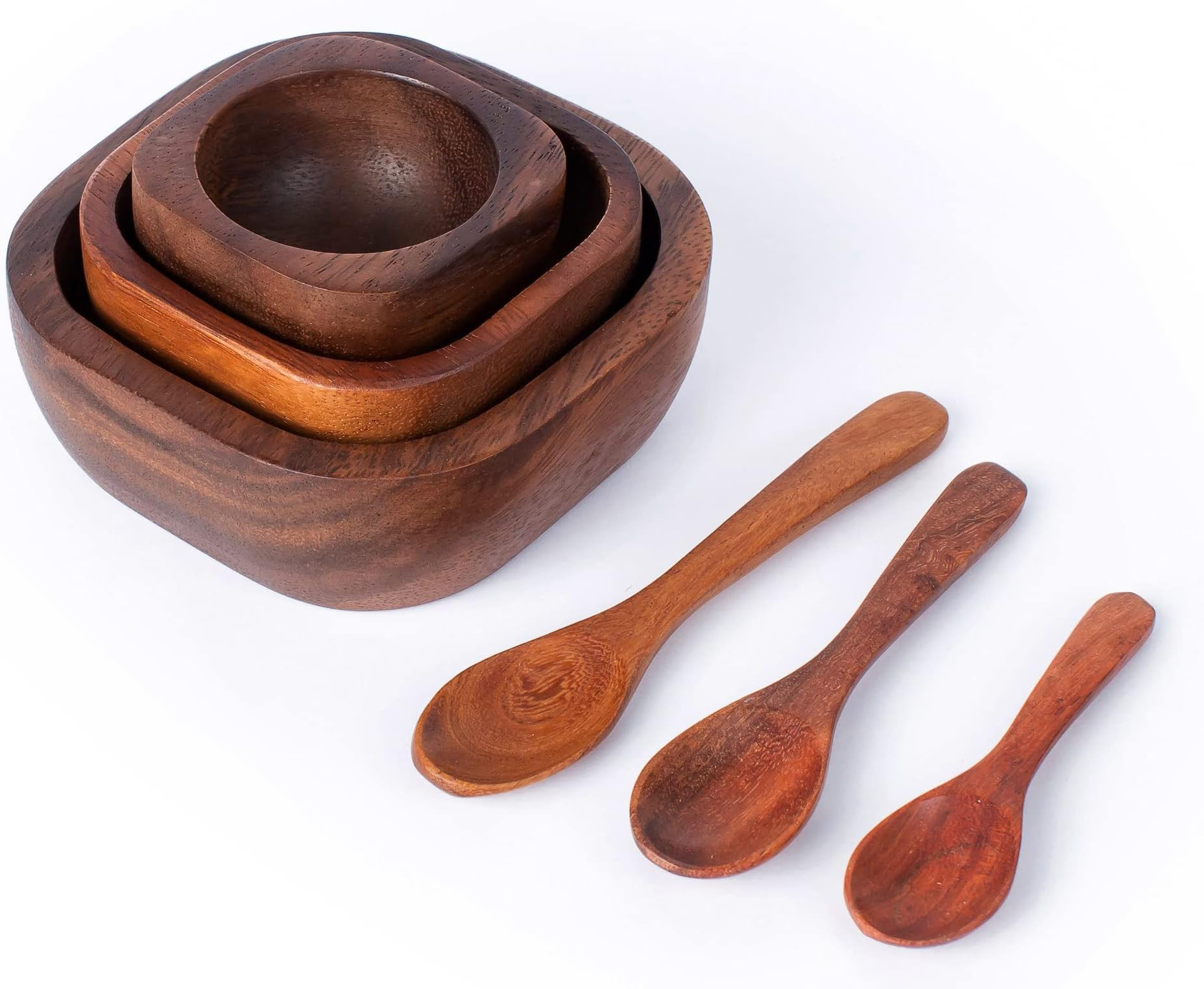 Tiny Acacia Wood Nesting Square Set 3 Serving Bowl 3¾”, 2¾”, 2⅛” Small 3 Wooden Spoon Mix size Stack | Amazon (US)