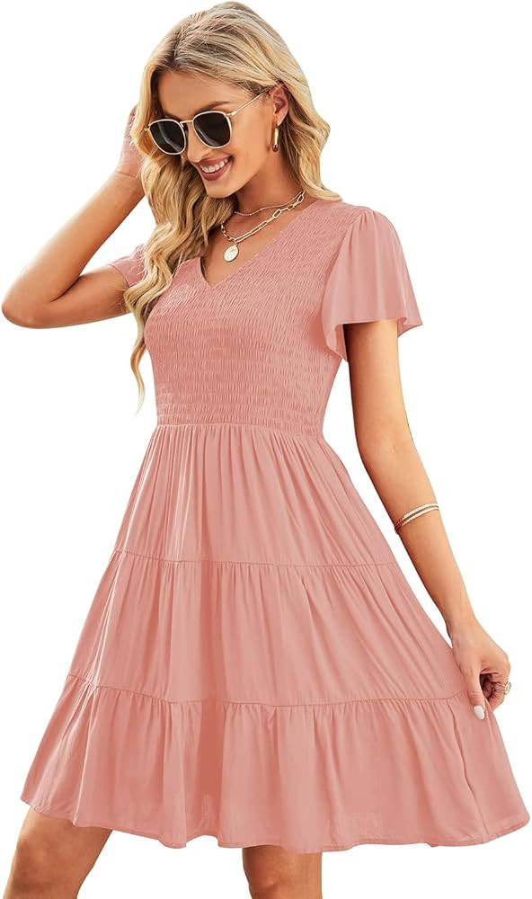 IHOT Womens Summer Casual V Neck Short Flutter Sleeve Smocked Ruffle Bohemian Floral Tiered Mini Dre | Amazon (US)