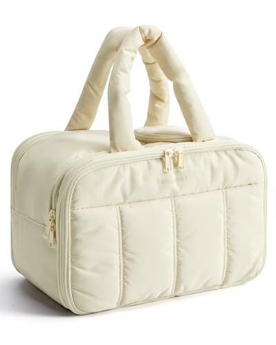 BAGSMART Travel Toiletry Bag, Puffy Large Toiletry Bag for Women, Lightweight Cosmetic Makeup Bag Organizer with Handle for Traveling, Accessories, Essentials, Toiletries （Beige | Amazon (US)