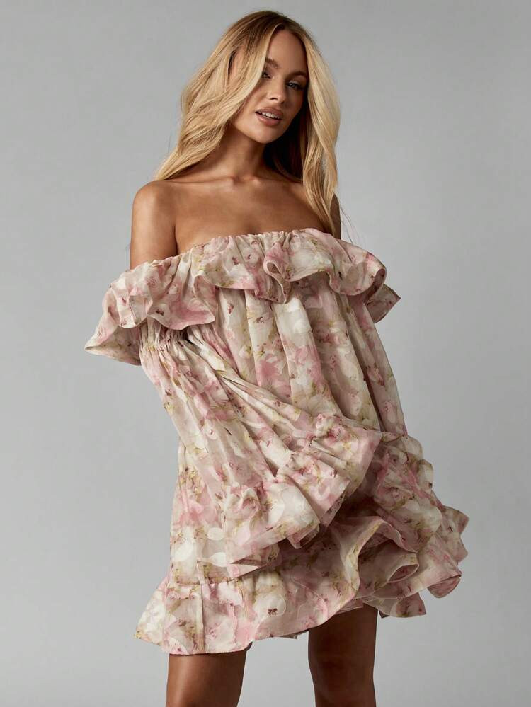 MISSGUIDED Floral Chiffon Bardot Mini Dress Off Shoulder Long Bell Sleeve Ruffle Wedding Guest Graduation Spring Summer Garden Party Special Occasion Cocktail Dress | SHEIN