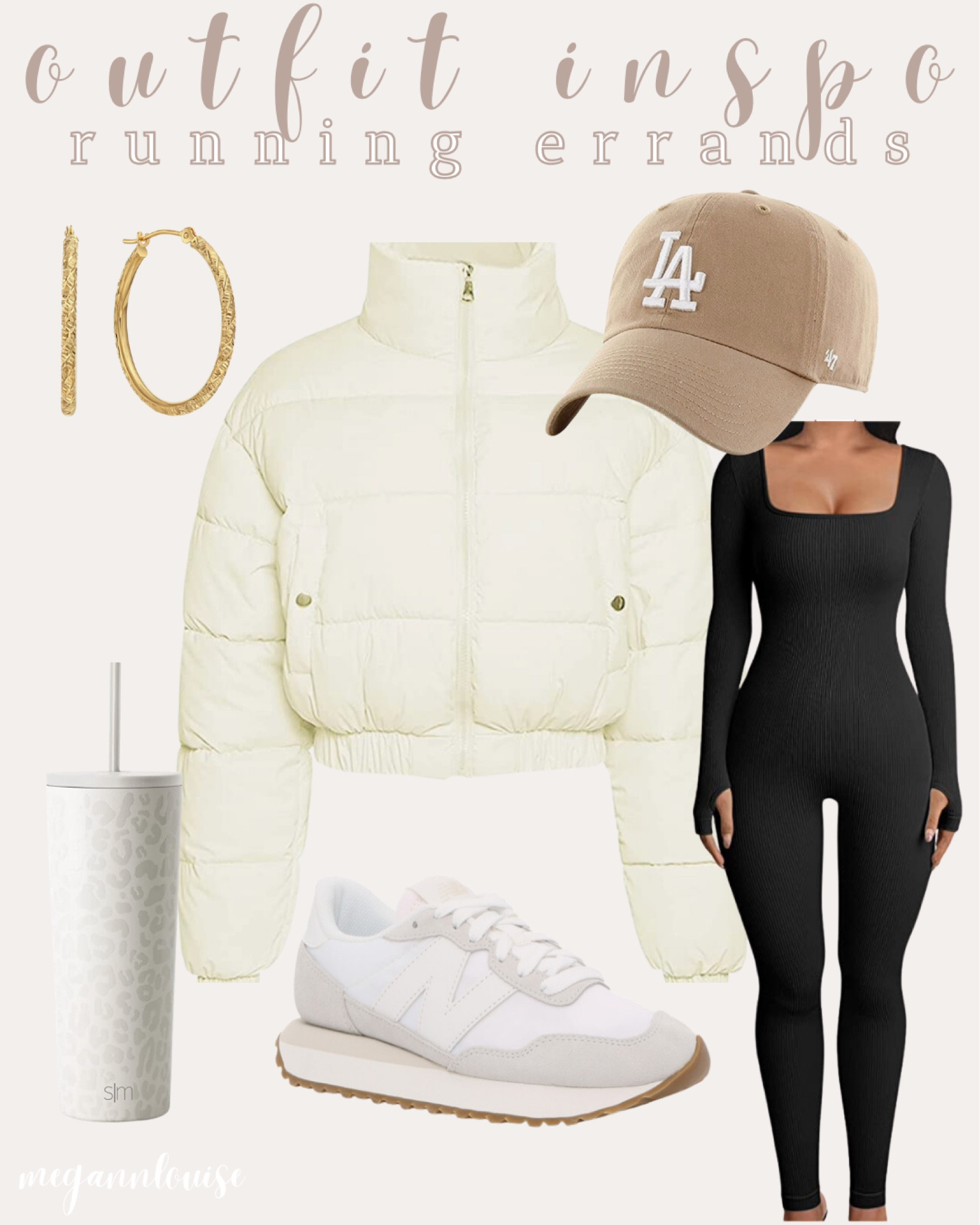 casual and comfy on the go outfit inspo for running errands 
neutral colors 
simple modern tumbler 
gold hoop earrings
LA dodgers bag beige 
cream puffer coat
neutral new balance sneakers 

#LTKunder100 #LTKshoecrush #LTKstyletip