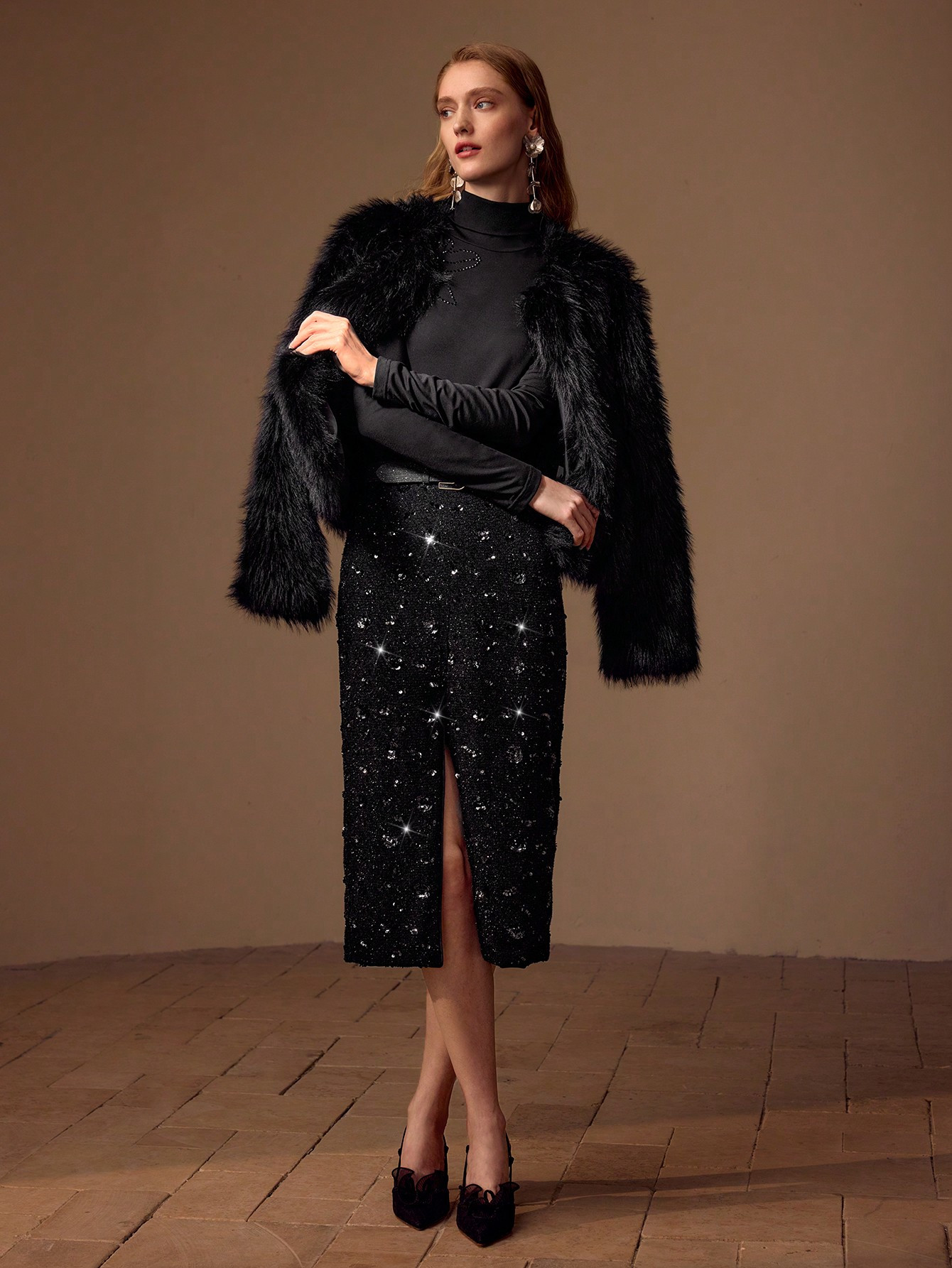 MOTF PREMIUM SEQUINS SPLIT THIGH STRAIGHT SKIRT | SHEIN