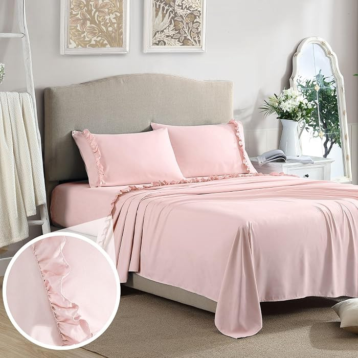 Swift Home Ruffled Hem Microfiber 3-Piece Sheet Set, Double Brushed & Ultra-Soft, Wrinkle Resistant, Easy Fit, Durable – Rose, Twin | Amazon (US)