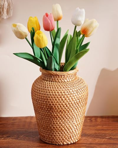 Rattan Vase, Small Braided Boho Vases for Pampas Grass & Flower Arrangement, Hand Woven Vases Decor, Rustic Farmhouse Round Wicker Vase Basket for Centerpieces,6" D x 8" H, Brown | Amazon (US)