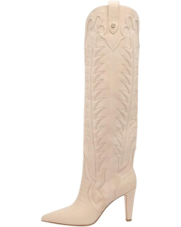 FSJ Women Pointed Toe Cowboy Boots Embroidered Chunky High Heel Knee High Boots Western Pull On F... | Amazon (US)