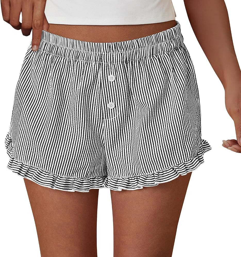 PRETTYGARDEN Womens Boxer Shorts Y2K Ruffle Pajama 2026 Summer Spring Lounge Sleep Striped Casual... | Amazon (US)
