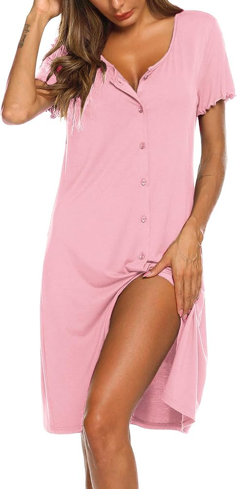 Ekouaer Women's Nightshirt Short Sleeve Button Down Nightgown V-Neck Sleepwear Pajama Dress | Amazon (US)