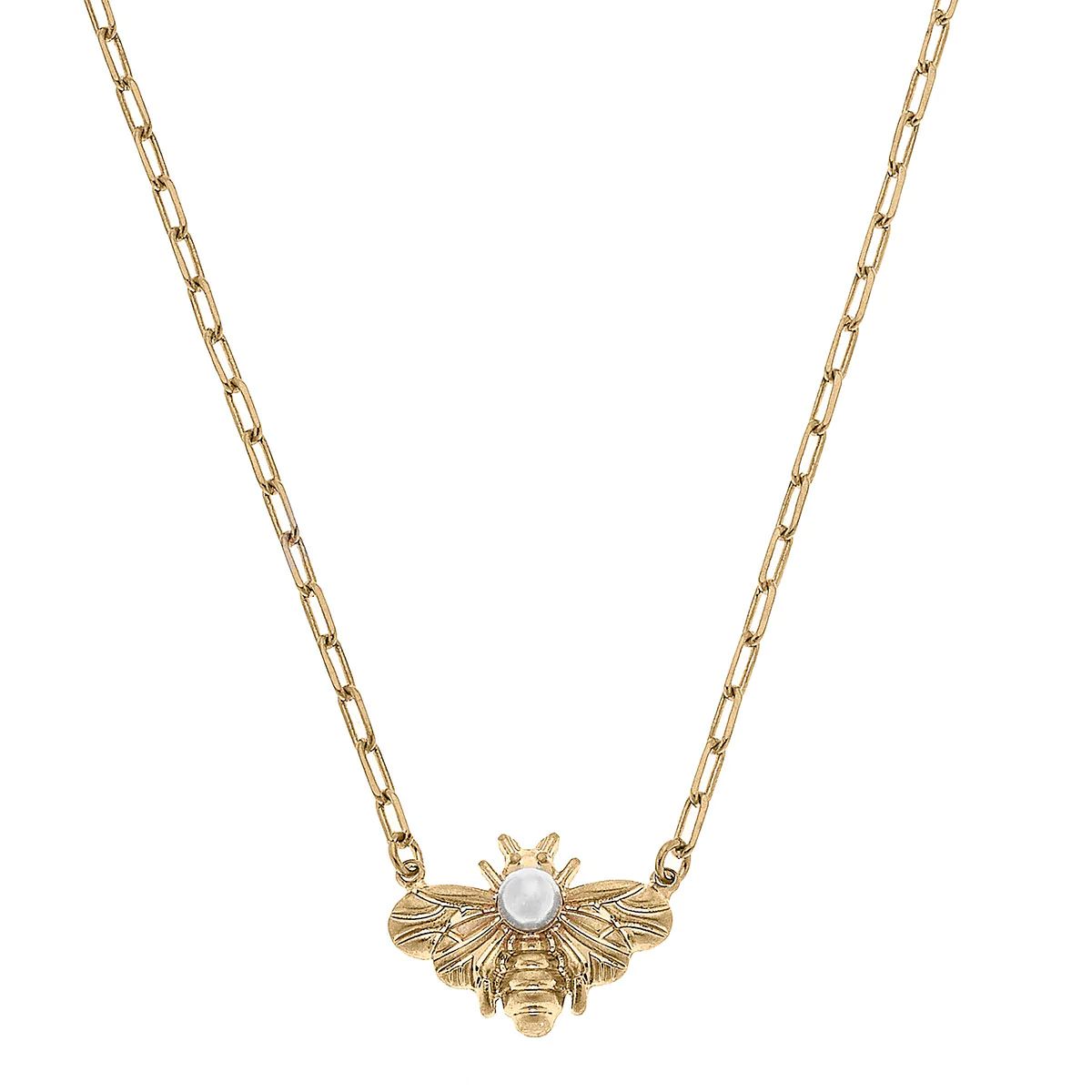 Calloway Bee & Pearl Pendant Necklace in Worn Gold | CANVAS