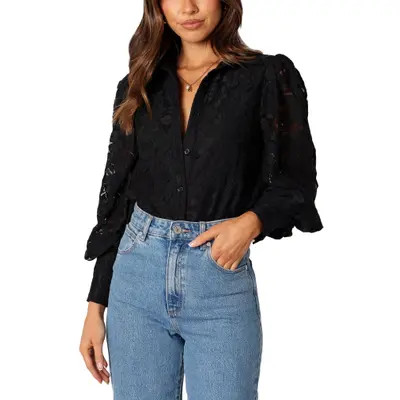 Petal & Pup Tadeo Floral Lace Button-Up Shirt in Black at Nordstrom, Size X-Large | Nordstrom