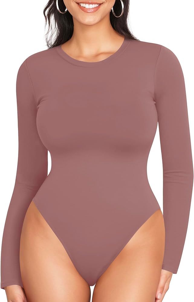 MANGOPOP Women's Crew Neck Long Sleeve Bodysuit T Shirts Basic Tops | Amazon (US)