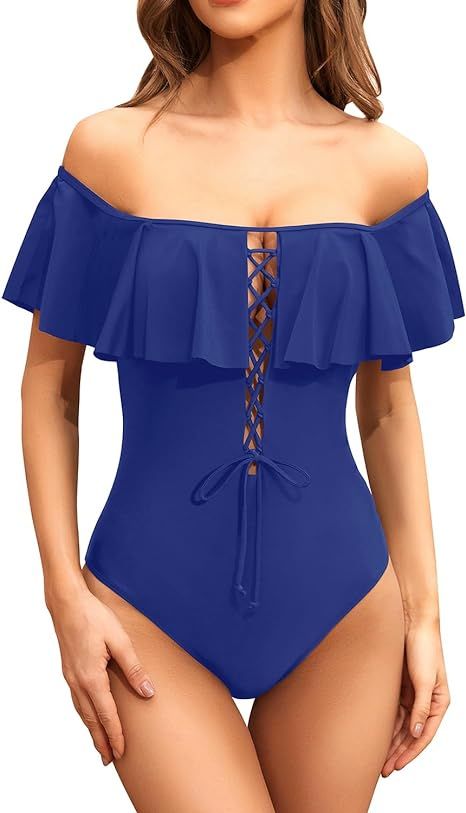 Tempt Me Women Sexy One Piece Swimsuit Ruffled Off Shoulder Lace Up Bathing Suit | Amazon (US)