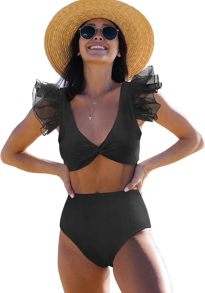 SPORLIKE Women Ruffle High Waist Swimsuit Two Pieces Push Up Tropical Print Bikini | Amazon (US)