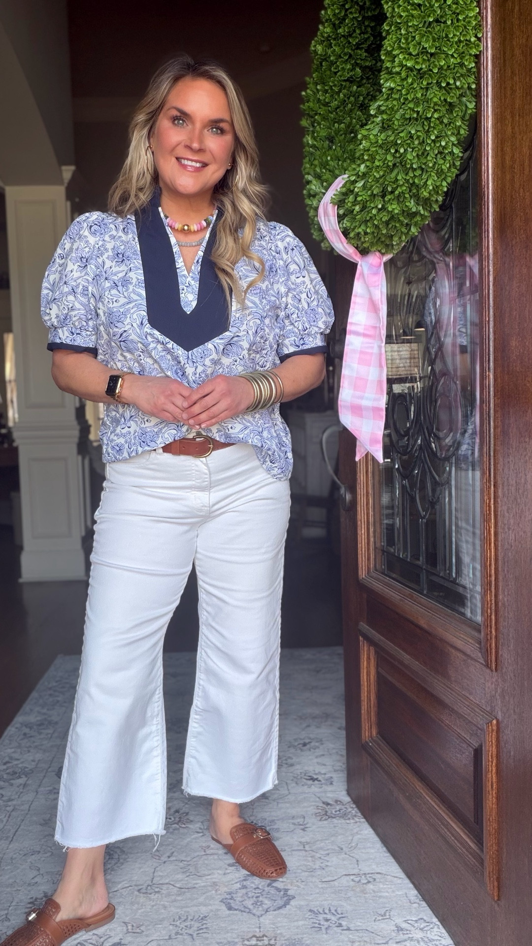 One of my favorite polished spring outfits lately.

This blue and white toile style blouse paired with white denim is such a classic, preppy spring look. Perfect for brunch, casual dinners, church, spring events, travel outfits, or everyday wear when you want to look put together without trying too hard.

The puff sleeve detail and contrast neckline make this top feel a little more elevated while still being super easy to style. Pair it with white denim, wide leg jeans, or even a skirt for a fresh spring outfit.

This is one of those timeless tops that will stay in rotation year after year.

Sizing reference: I’m 5’7 wearing my true size large.

#LTKMidsize #LTKWorkwear #LTKOver40