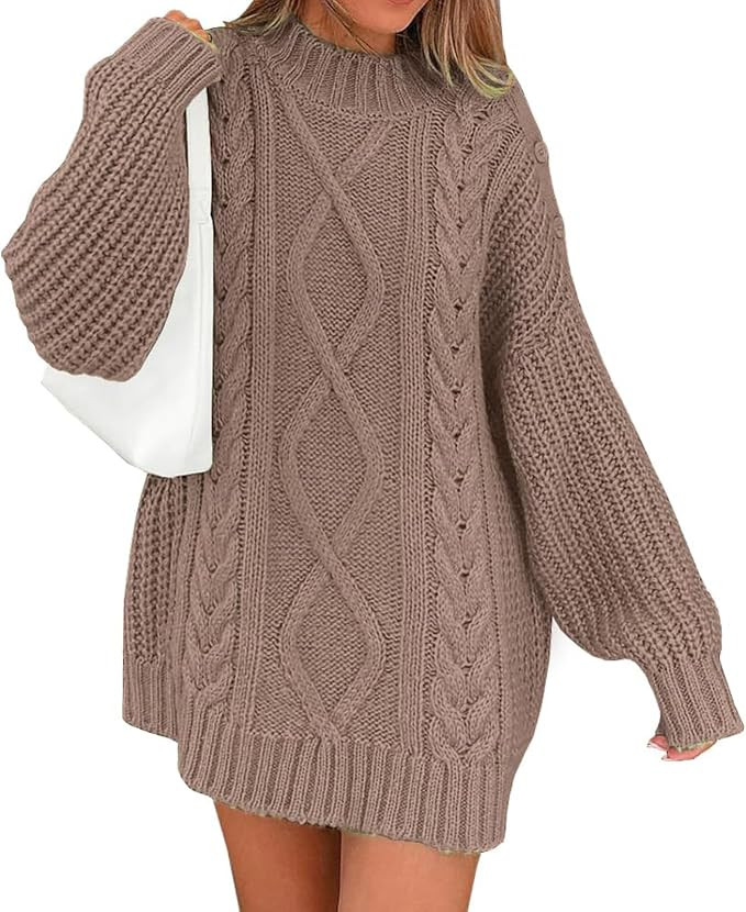 Women's Oversized Chunky Cable Knit Short Sweater Dress Long Sleeve Crewneck Sweater Loose Knitte... | Amazon (US)