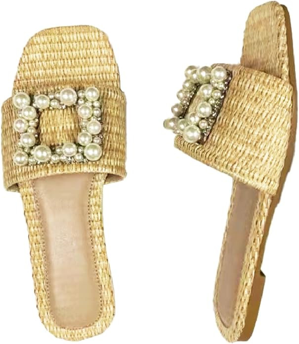 Women's Pearl Weave Wide Width Flat Slides Sandals Fashion Non-Slip Square Toe Slip On Summer Wal... | Amazon (US)