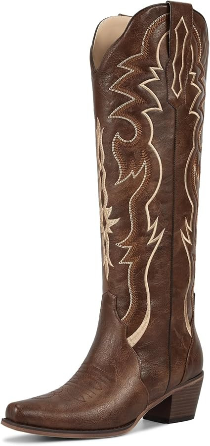 wetkiss Black Cowboy Boots for Women Knee High Cowgirl Tall Boots with Classic Retro Embroidered ... | Amazon (US)