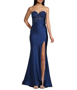 Midnight Doll Chemical Lace Jersey-Knit Satin Strapless Sweetheart Neck Side Slit Gown | Dillard'... | Dillard's