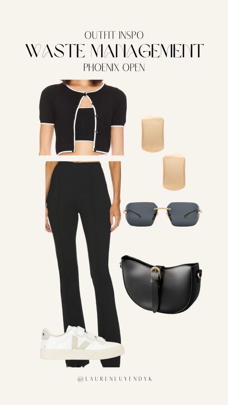 Outfit inspo for Waste Management Phoenix Open 

Revolve 
Black sunglasses 
Slim straight trousers 
Black bag 
Cardigan 

#LTKstyletip #LTKMostLoved #LTKSeasonal