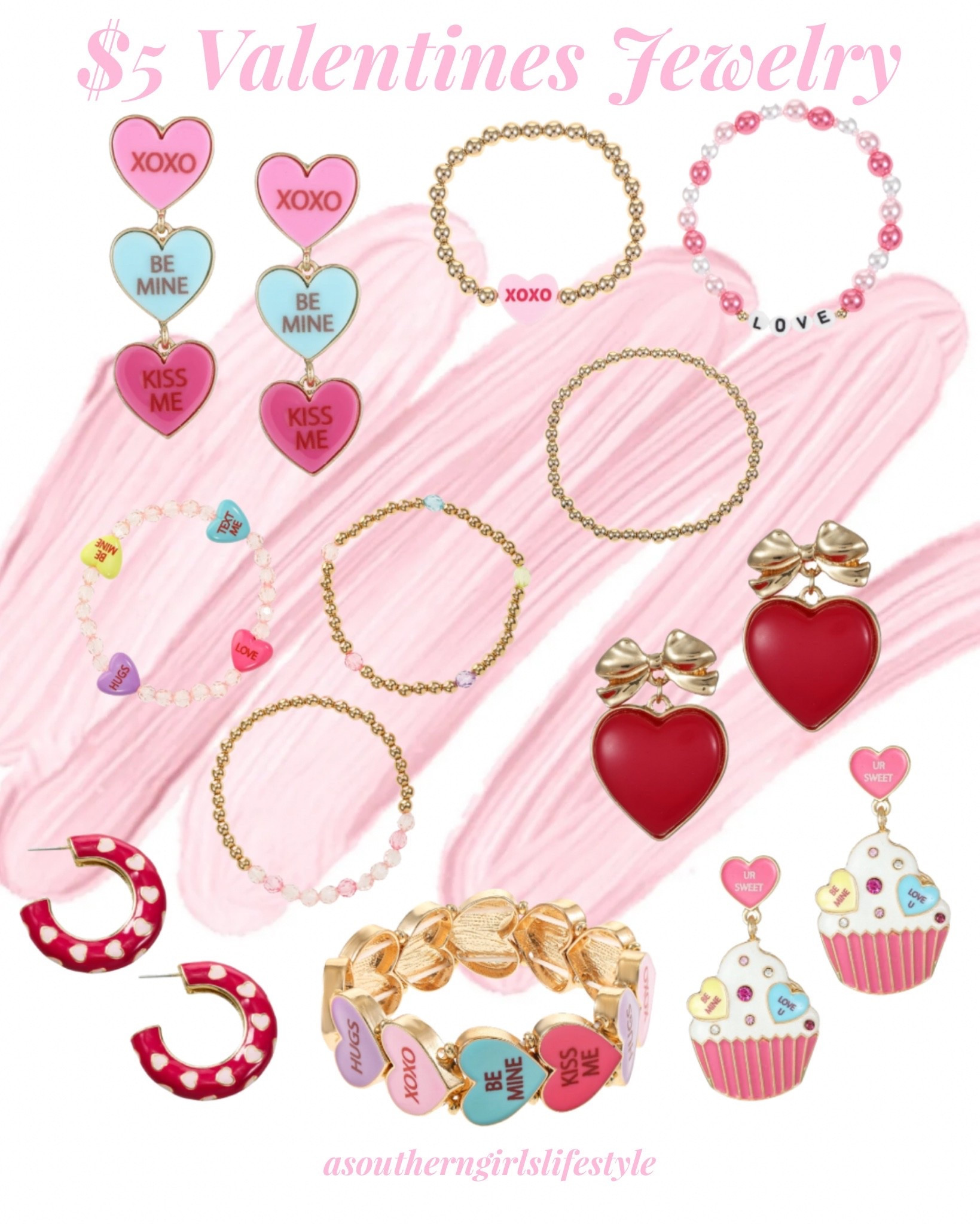 Walmart crushing it again! Super cute $5 Valentine’s Day Jewelry

Candy Heart Dangle Earrings, 3 Love Xoxo Piece Bracelet Trio, Candy Heart Trio, Heart Bow Earrings, Heart Hoop Earrings, Candy Heart Bracelet & Cupcake Candy Heart Earrings 

#LTKFindsUnder50 #LTKPetite #LTKSeasonal