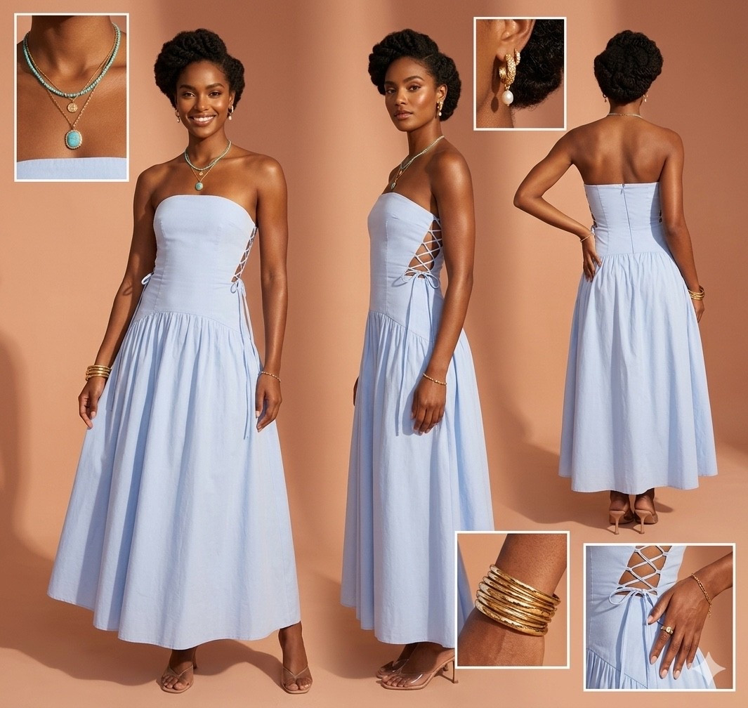 masterclass in summer neutrals. ☁️ This light blue midi is giving everything it needs to: subtle corset-inspired lace-ups, the perfect structured hem, and just enough skin. Paired it with layered turquoise for that elevated boho edge. Everything is linked for you to shop!
: #summerstyle #modernminimalism #ootd #LTKstyle #GlossBureau #designerdetails