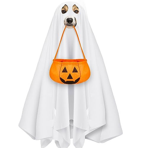 Sadnyy Halloween Ghost Dog Costume Sets Includes White Dog Costumes and Halloween Bucket, Ghost Costumes for Dogs Cats and Felt Pumpkin Candy Buckets for Medium Large Dogs Trick or Treat Bags | Amazon (US)