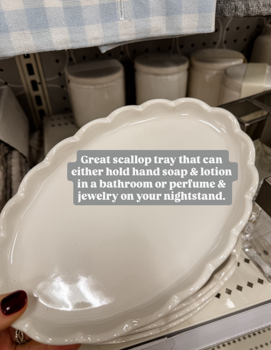 This is a pretty scalloped tray to put on a dresser, vanity, nightstand, etc! You could keep jewelry on it, perfume, hand soap, & more - it’s very practical!

Loverly Grey, Target, Target home, home decor, scalloped tray, tray, jewelry tray 

#LTKHome