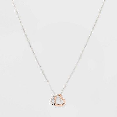 Silver Plated Cubic Zirconia 'Mom' Double Heart Two-Tone Metal Pendant Necklace - Rose Gold | Target