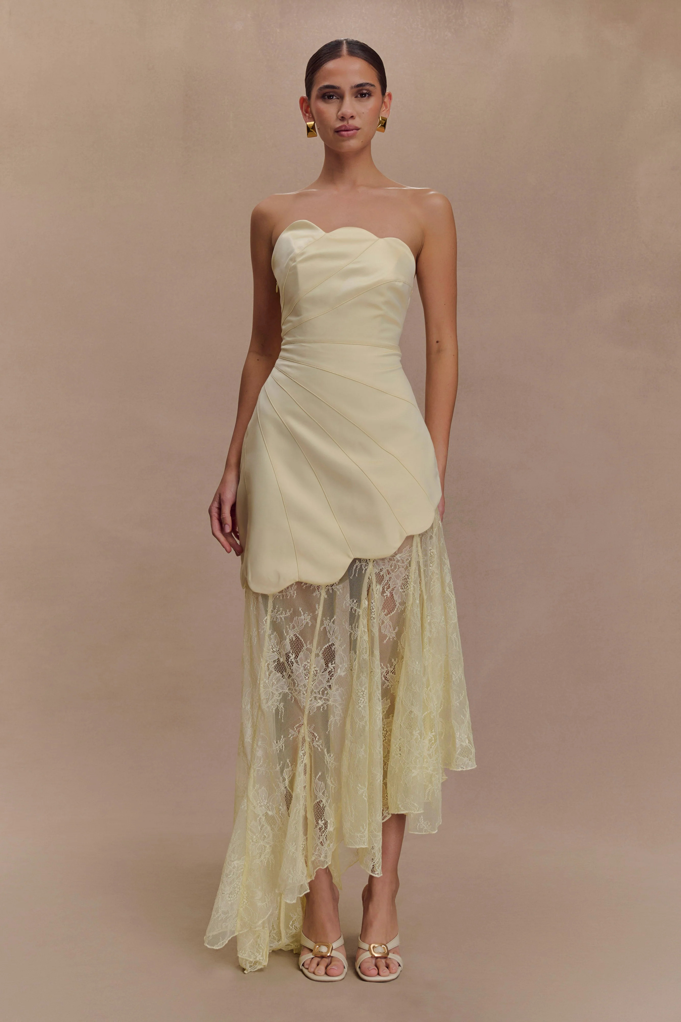 Satin And Lace Maxi Dress - Lemon | MESHKI US