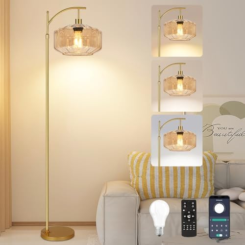 Vintage Floor Lamps for Living Room Glass Floor Lamp with Remote Control,Dimmable Floor Lamp Gold... | Amazon (US)