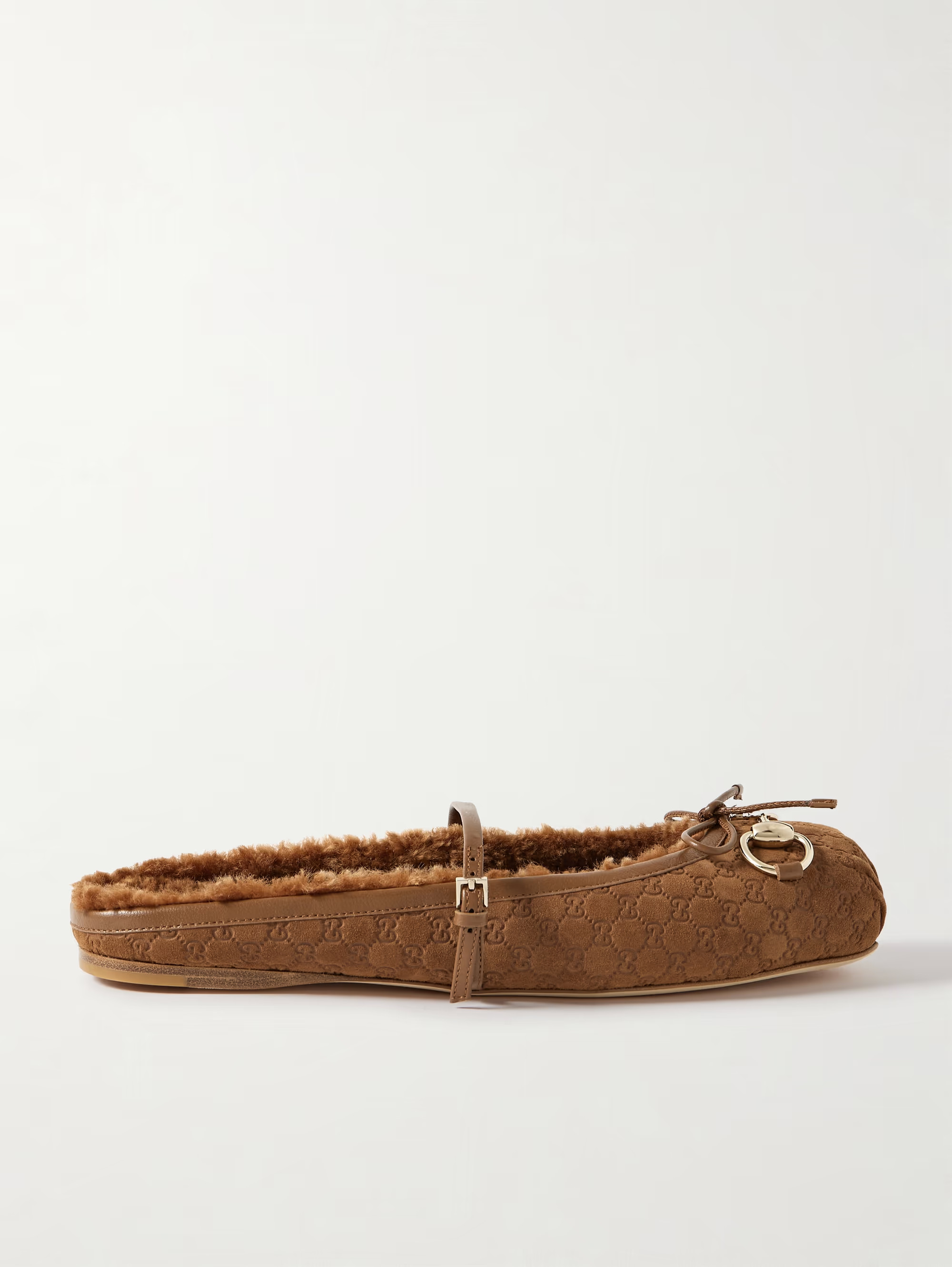 Leather-trimmed horsebit-detailed logo-debossed shearling slip-on ballet flats | NET-A-PORTER (US)