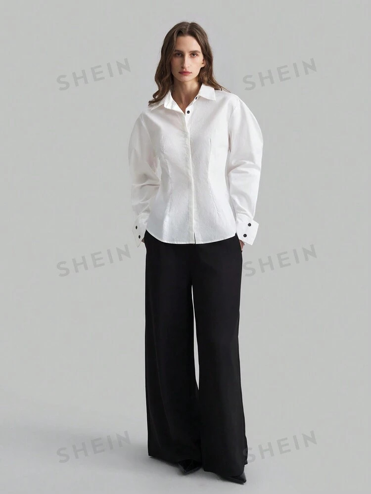 Ontre Stylish Gigot Sleeve Cotton White Blouse With Contrast Black Buttons, Waist Defining Design... | SHEIN