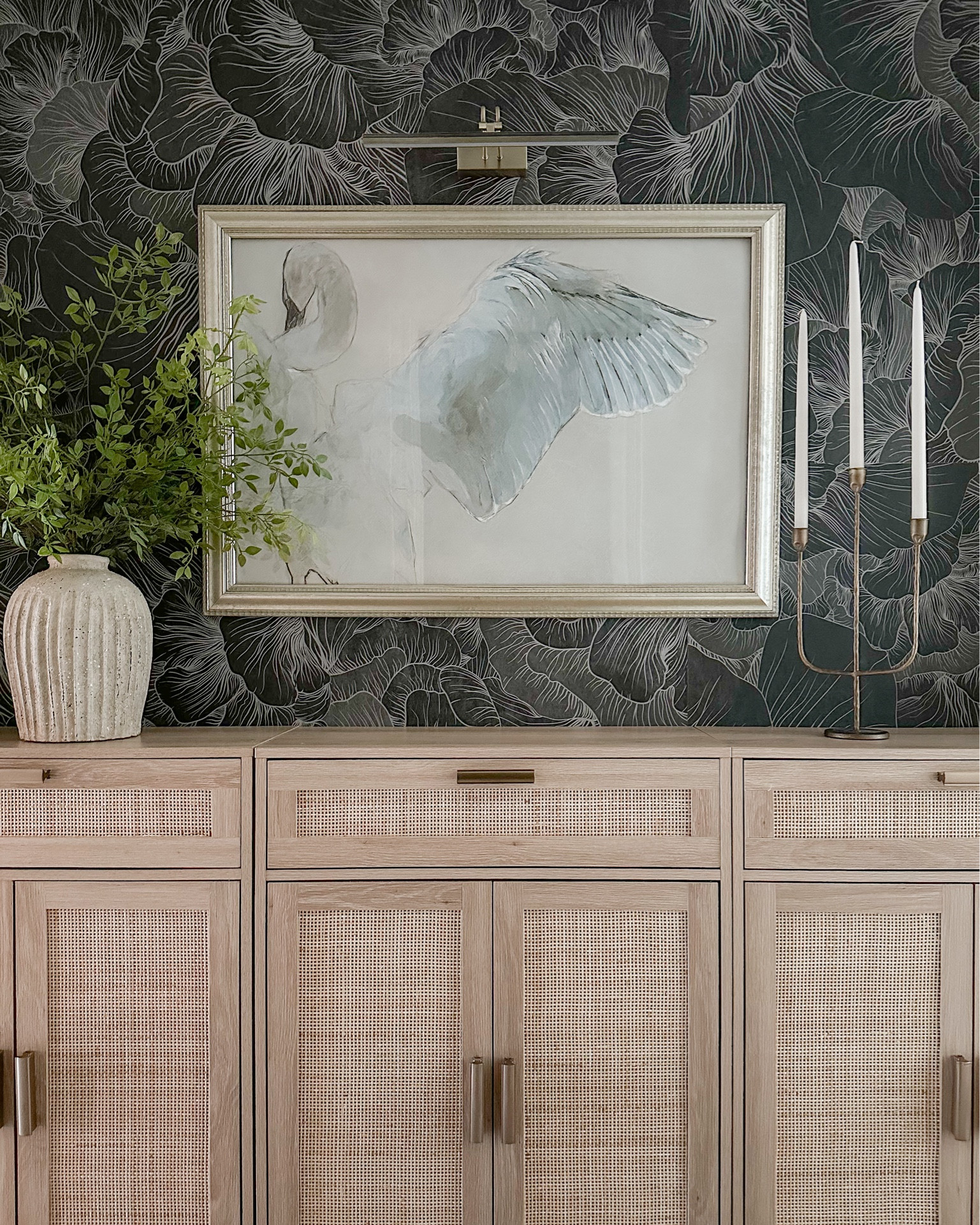 Hallway decor featuring this stunning wallpaper — quality is a 10/10! This is the soft black. And 3 of these affordable Amazon cabinets put together! My artwork is a printable in a vintage frame!

#LTKsalealert #LTKhome #LTKstyletip