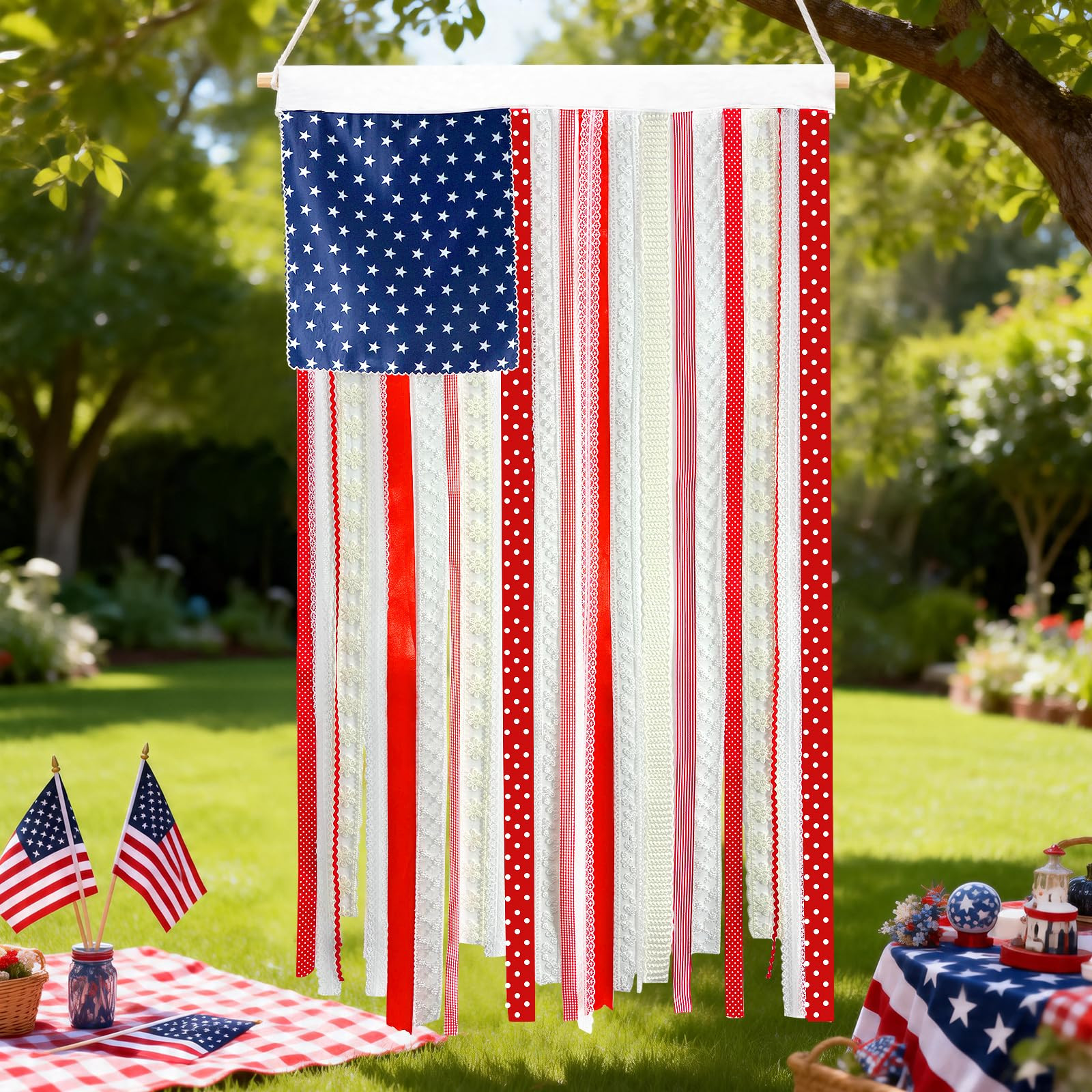 4th of July Decorations, 4 x 2.4 Ft Memorial Day American Flag Banner, Vintage Independence Day Rag Flag Accessories for 250th Anniversary Decor Home Outdoor Porch Yard Party Supplies | Amazon (US)