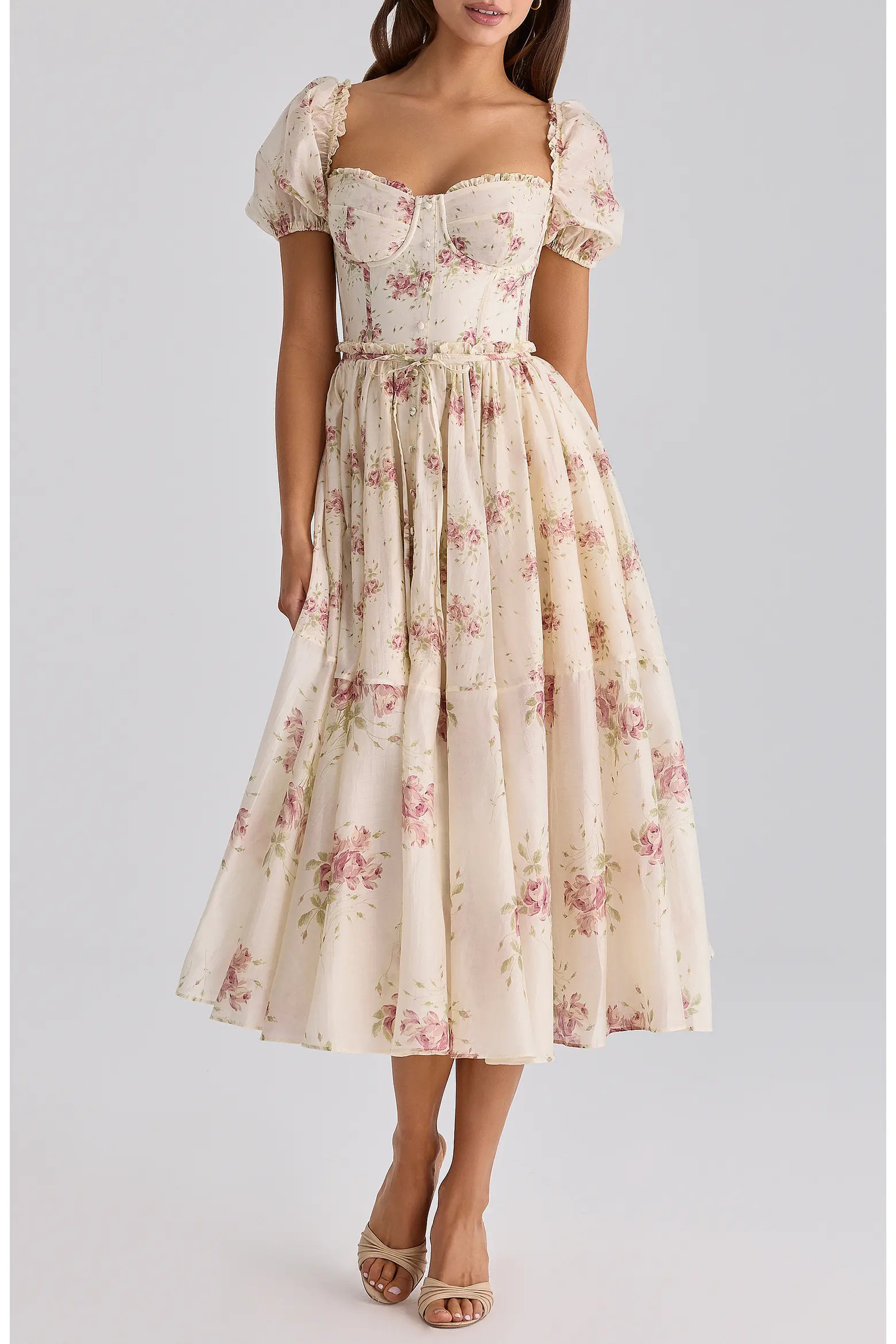 Penelope Floral Puff Sleeve Corset Chiffon Midi Dress (Women) | Nordstrom | Nordstrom