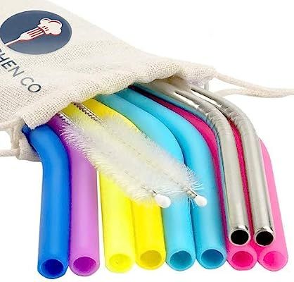 Reusable Silicone Drinking Straws - 12 Pieces Drinking Straws & Stainless Steel Straws Bundle - 3... | Amazon (US)