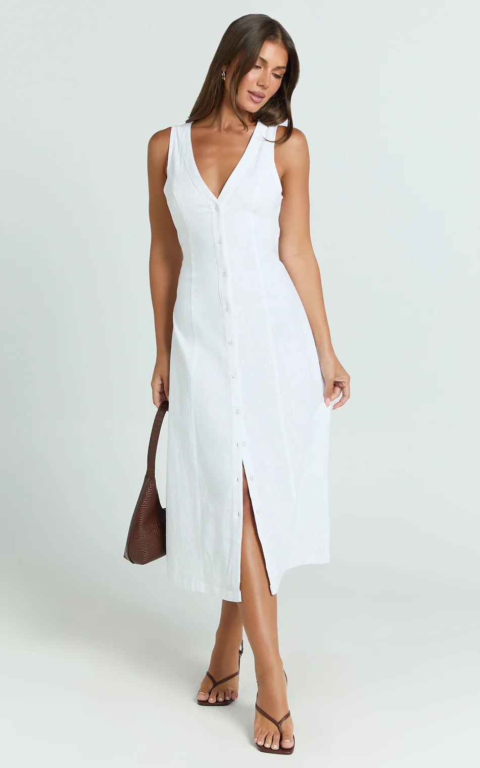Button Through V Neck Dress in White | Showpo (US, UK & Europe)
