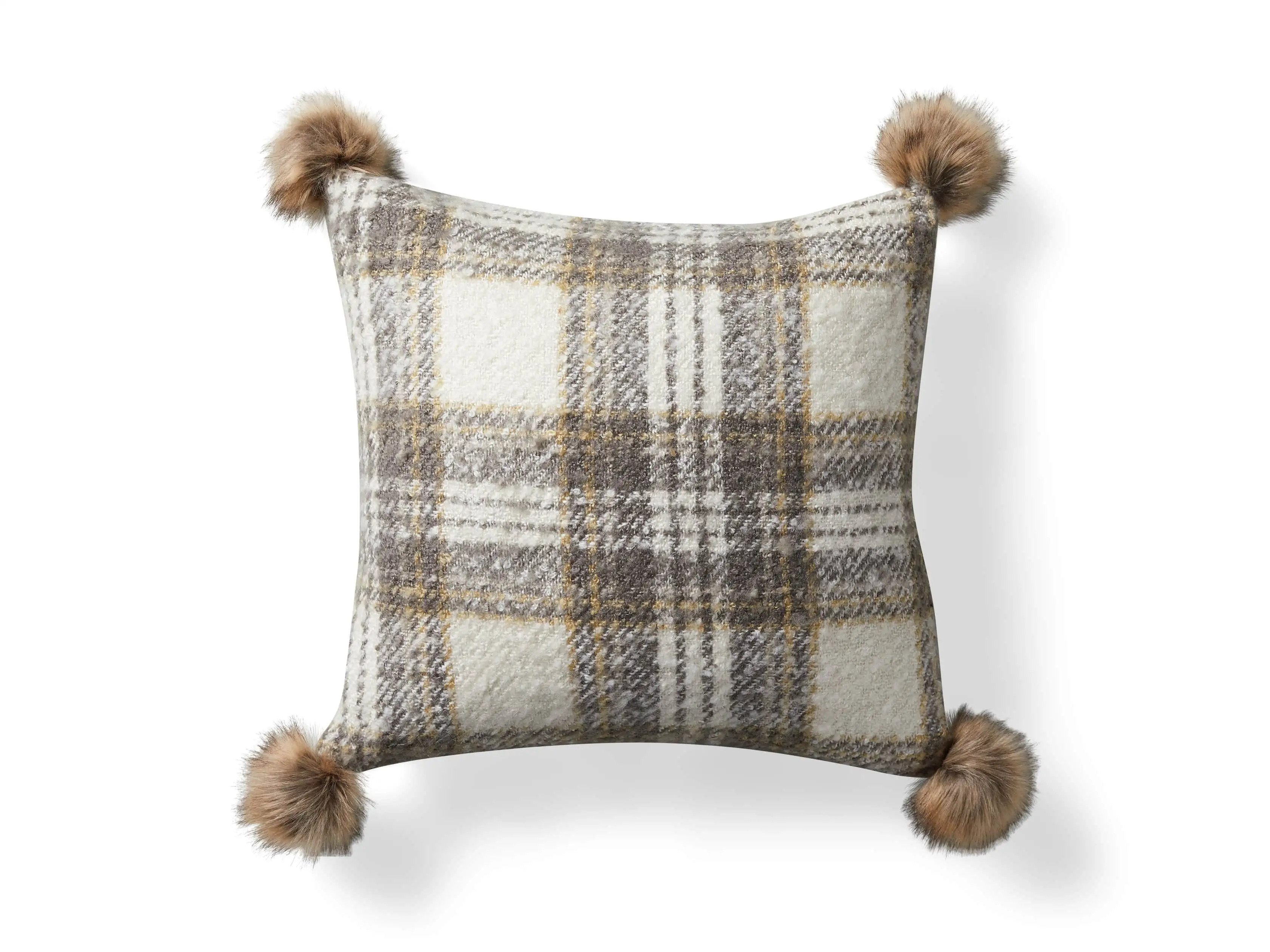 Charcoal Tartan Pillow Cover with Faux Fur Pom Poms | Arhaus | Arhaus