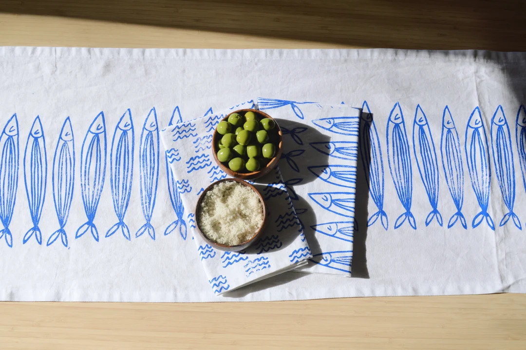 hand block printed table runner. sardines on white. boho decor. beach house. coastal. linen table... | Etsy (US)