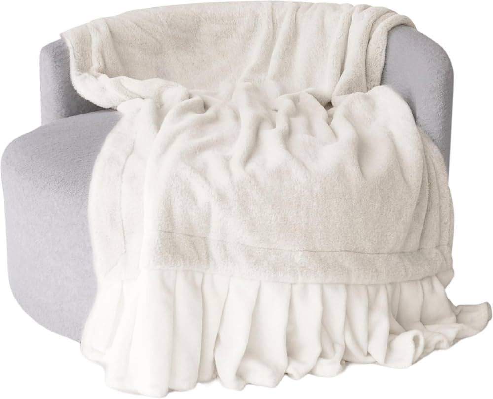 Cozy Faux Fur Blanket with Ruffles - Luxurious White Fleece Ruffles - Cozy Blankets for Women Tee... | Amazon (US)