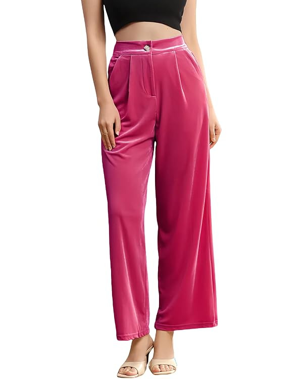 Velius Women's Sexy Velvet Sparkly Wide Leg Pants Trousers Clubwear with Pockets | Amazon (US)