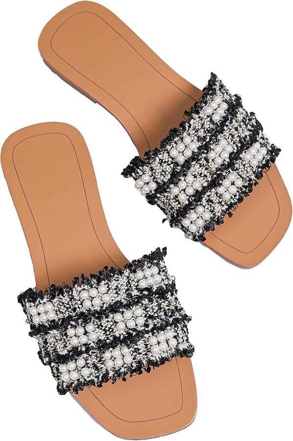 GORGLITTER Women's Faux Pearls Decor Flat Sandals Color Block Open Toe Leather Slide Sandals | Amazon (US)