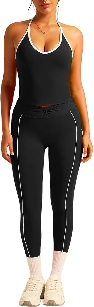ABOCIW Women 2 Piece Workout Sets V Neck Halter Tank Matching Twist Waist Leggings Yoga Pilates O... | Amazon (US)