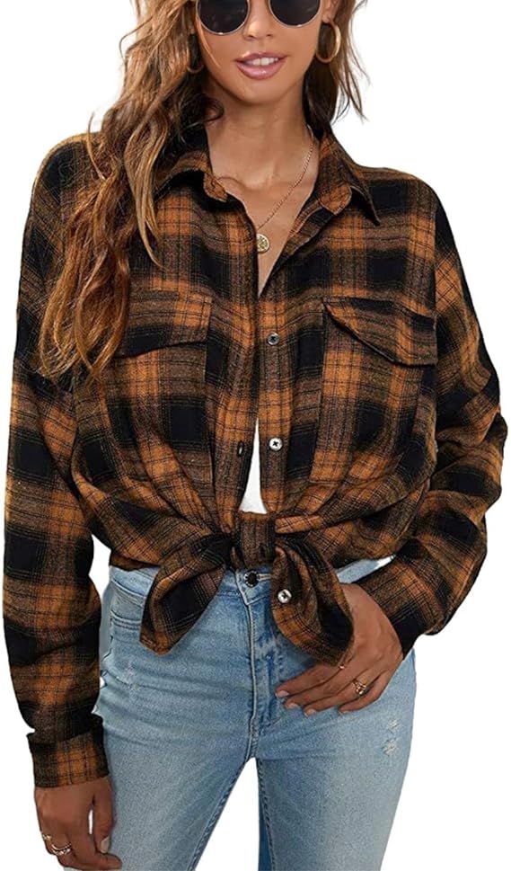 happlan Flannel Plaid Button Down Shirt Shacket Blouse Tops for Women Oversized | Amazon (US)