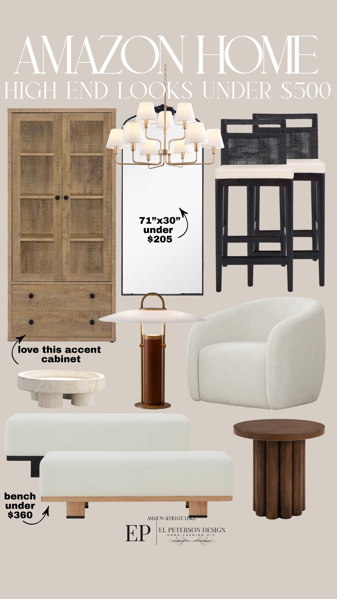 Amazon 
Accent cabinet 
Counter stool
Accent chair
Bench
Bowl
Mirror
Accent chair 
Chandelier 

#LTKHome